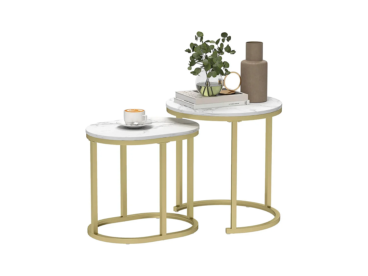 Lot de 2 tables basses tables d'appoint gigognes encastrables structure en acier et plateau en bois aspect marbre or