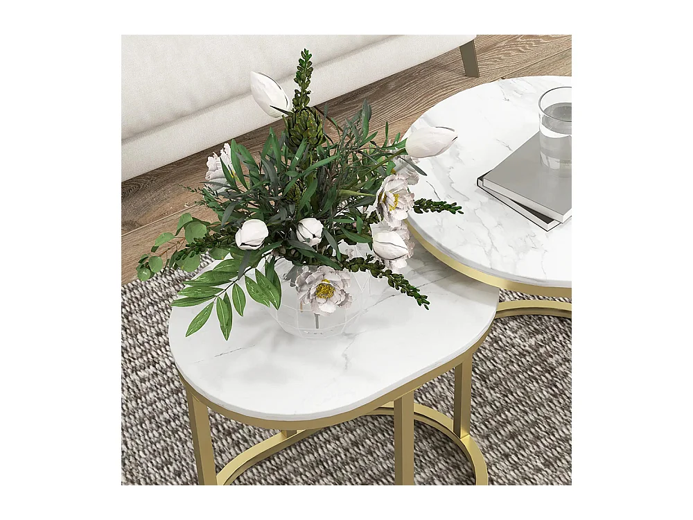 Lot de 2 tables basses tables d'appoint gigognes encastrables structure en acier et plateau en bois aspect marbre or