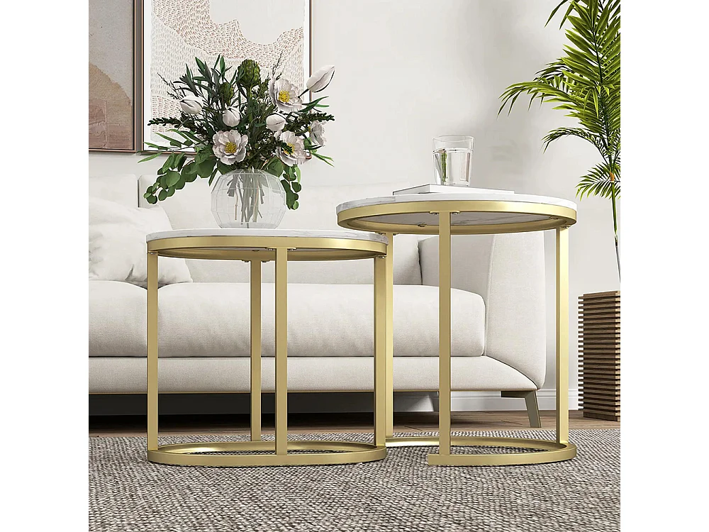 Lot de 2 tables basses tables d'appoint gigognes encastrables structure en acier et plateau en bois aspect marbre or