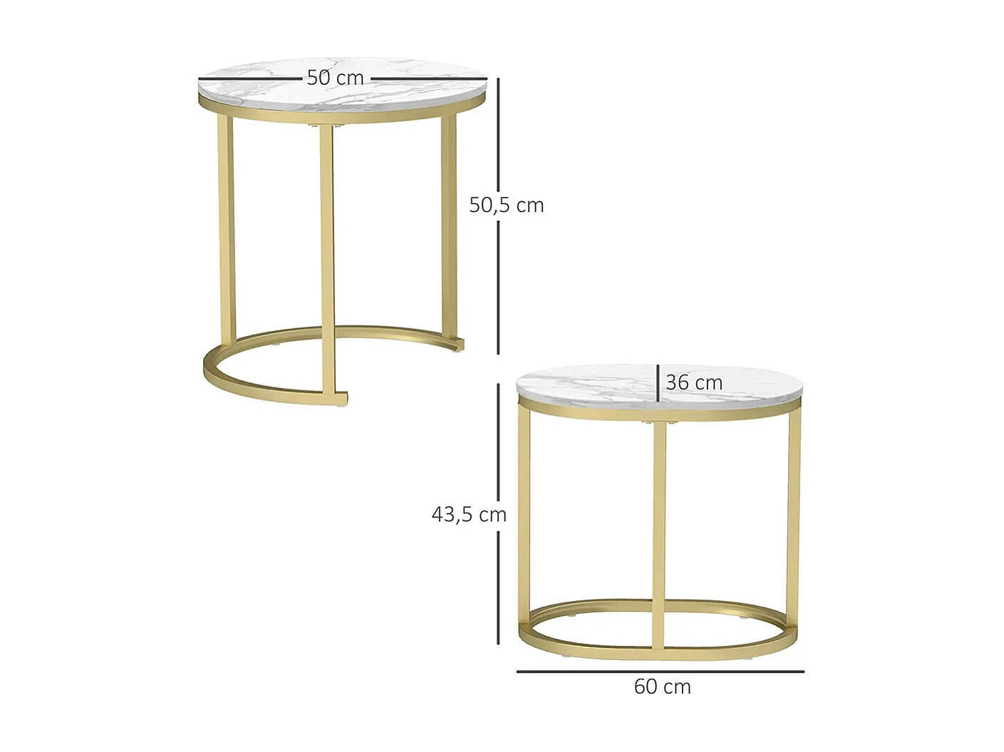 Lot de 2 tables basses tables d'appoint gigognes encastrables structure en acier et plateau en bois aspect marbre or