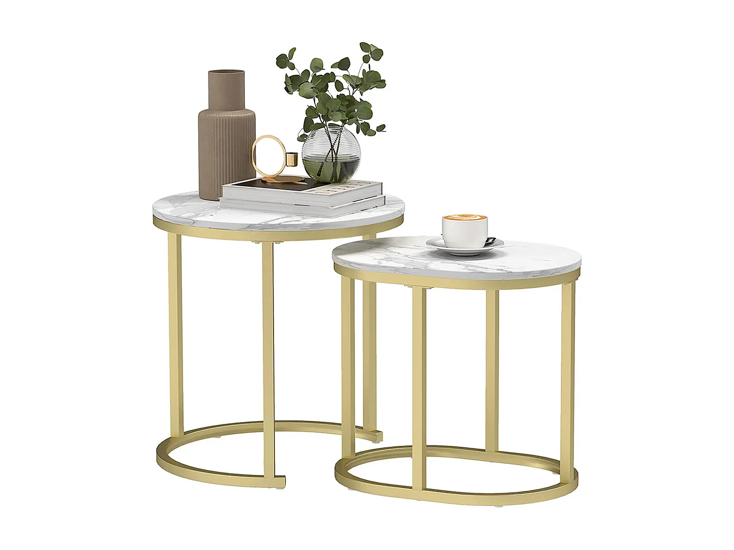 Lot de 2 tables basses tables d'appoint gigognes encastrables structure en acier et plateau en bois aspect marbre or