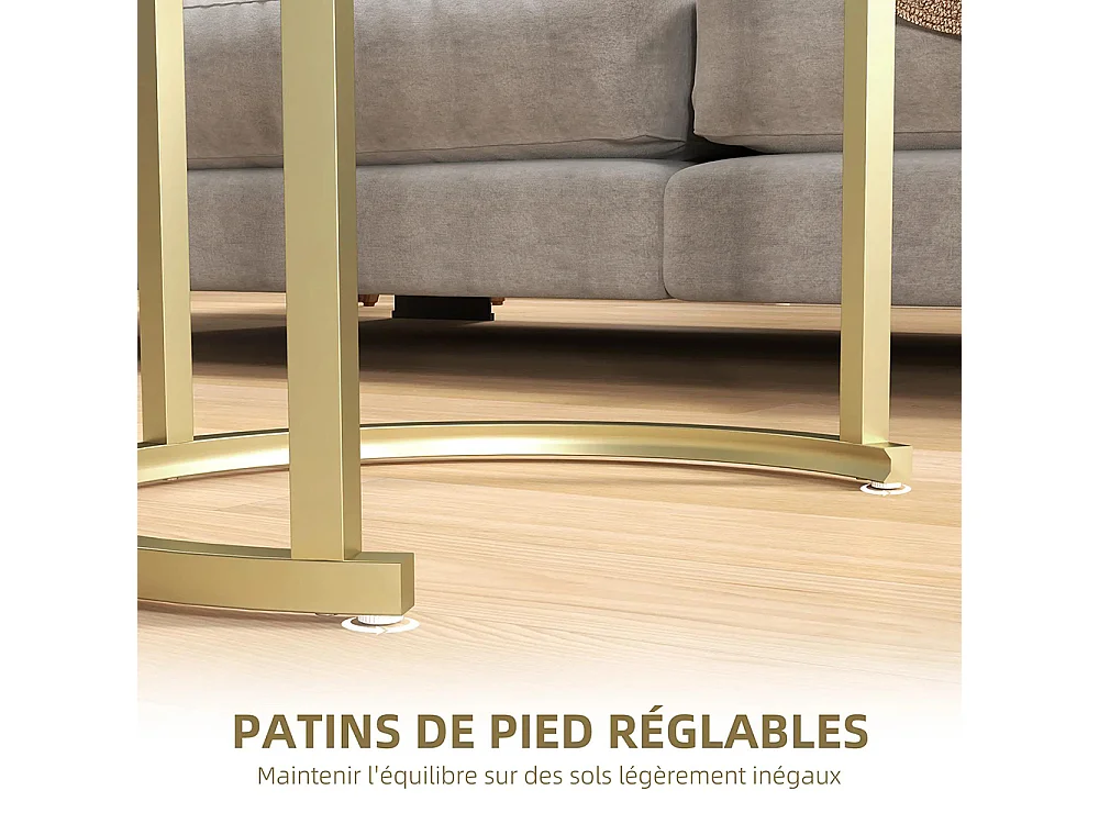 Lot de 2 tables basses tables d'appoint gigognes encastrables structure en acier et plateau en bois aspect marbre or