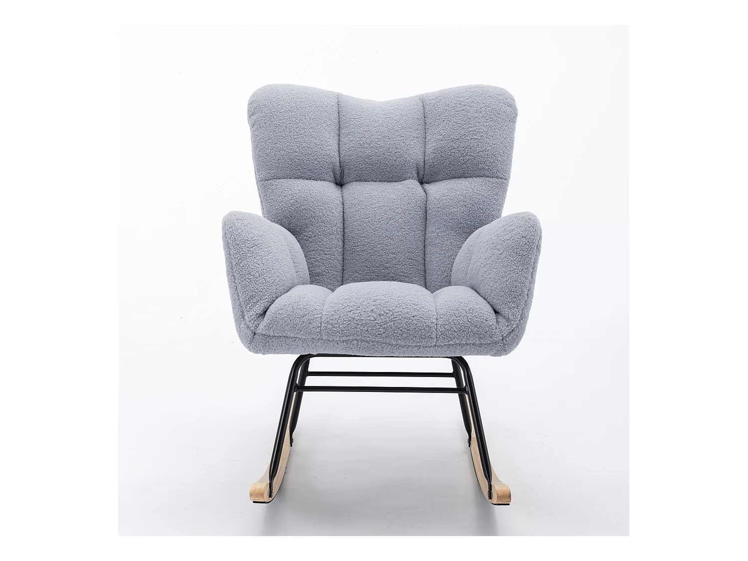 Schommelstoel in Teddy gris clair stof, structuur in metaal zwart, voet in canvas 89x70x95cm