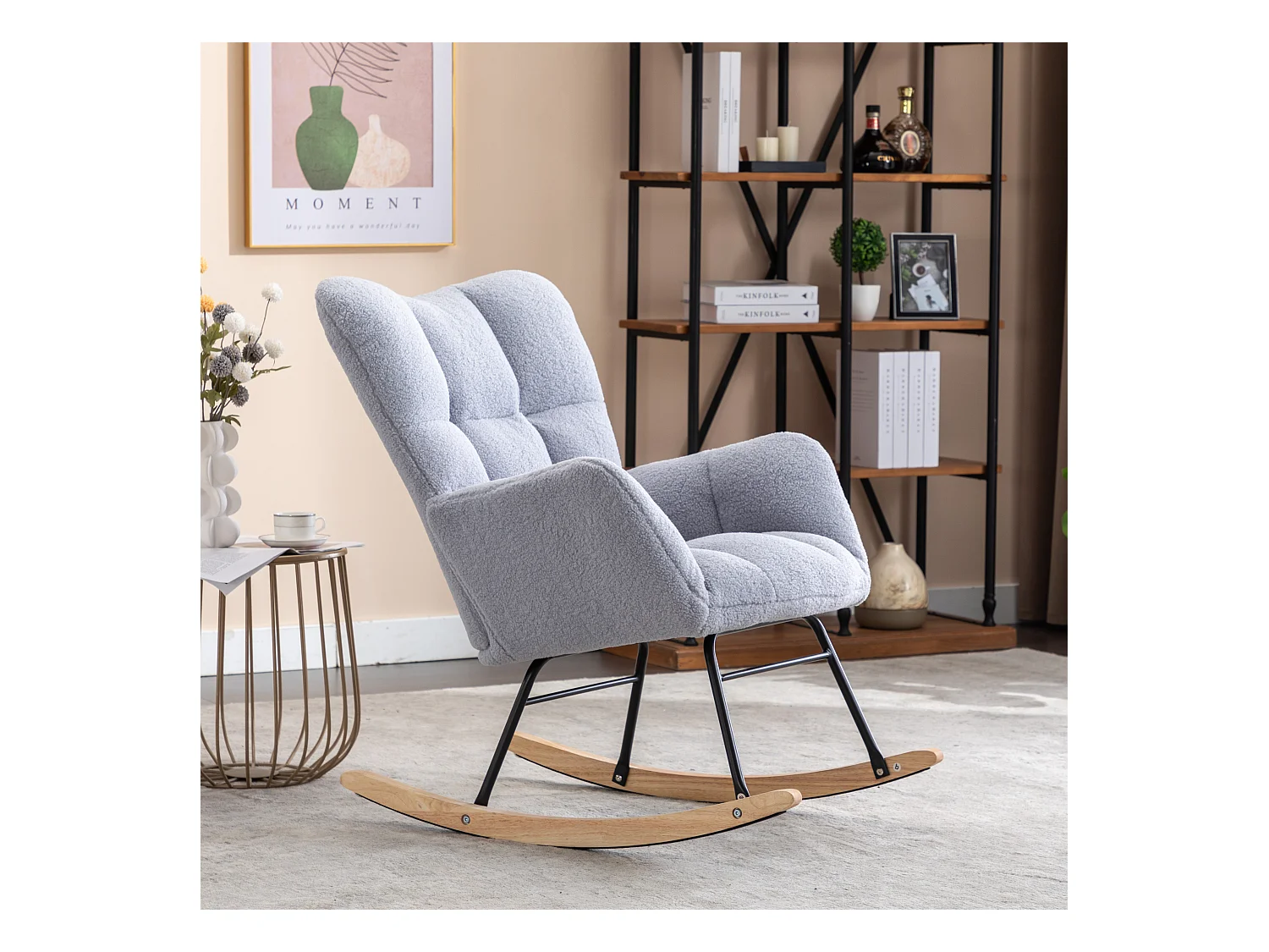 Schommelstoel in Teddy gris clair stof, structuur in metaal zwart, voet in canvas 89x70x95cm