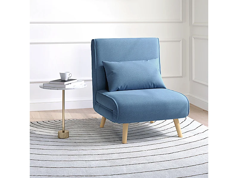Fauteuil convertible design scandinave - fauteuil relax chauffeuse - dossier inclinable réglable, coussin - bois tissu bleu