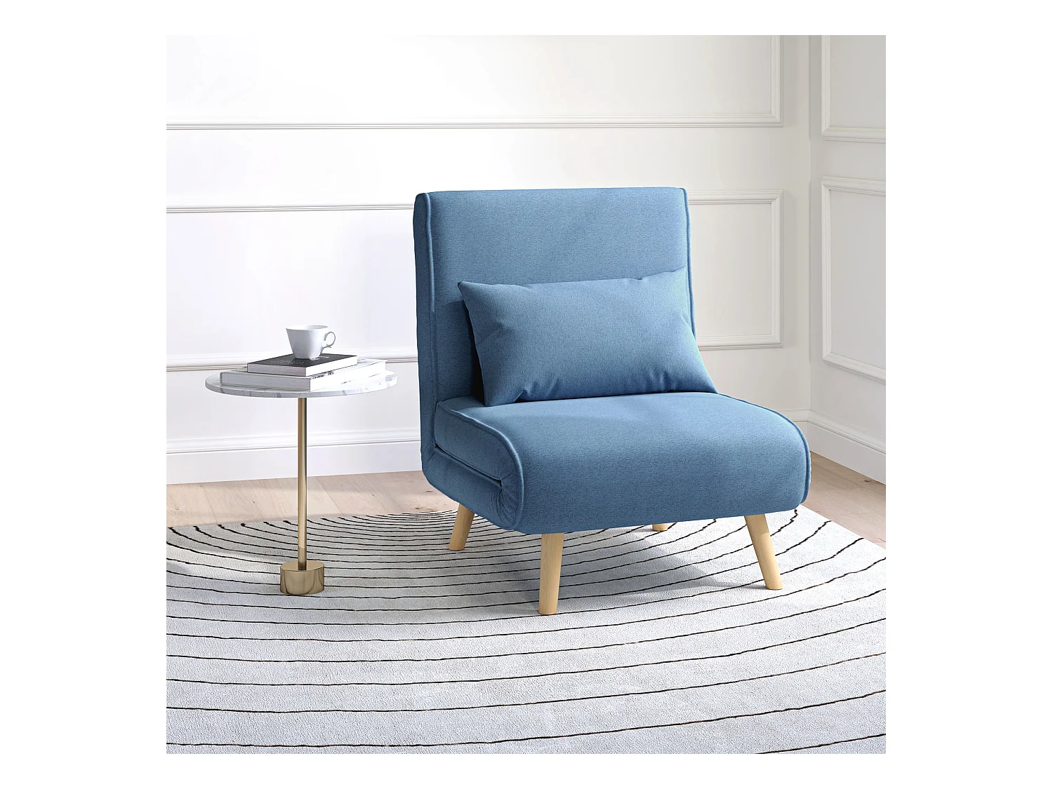 Fauteuil convertible design scandinave - fauteuil relax chauffeuse - dossier inclinable réglable, coussin - bois tissu bleu