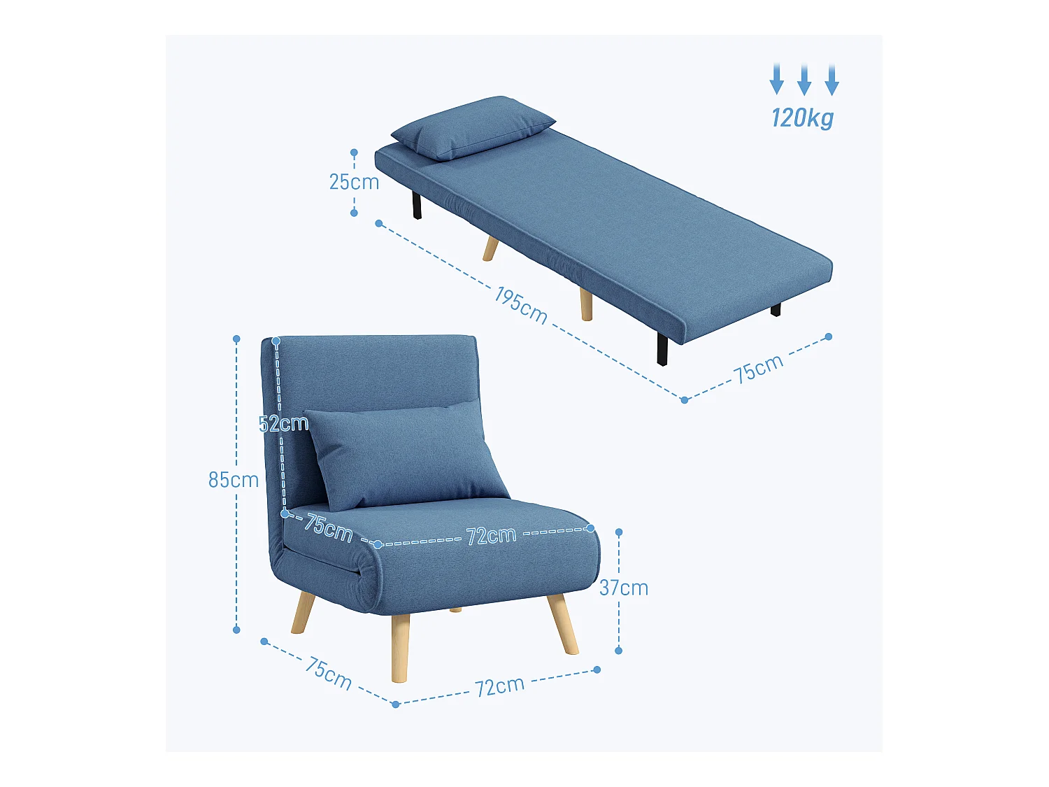 Fauteuil convertible design scandinave - fauteuil relax chauffeuse - dossier inclinable réglable, coussin - bois tissu bleu
