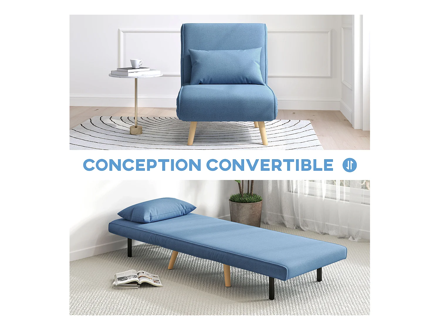 Fauteuil convertible design scandinave - fauteuil relax chauffeuse - dossier inclinable réglable, coussin - bois tissu bleu