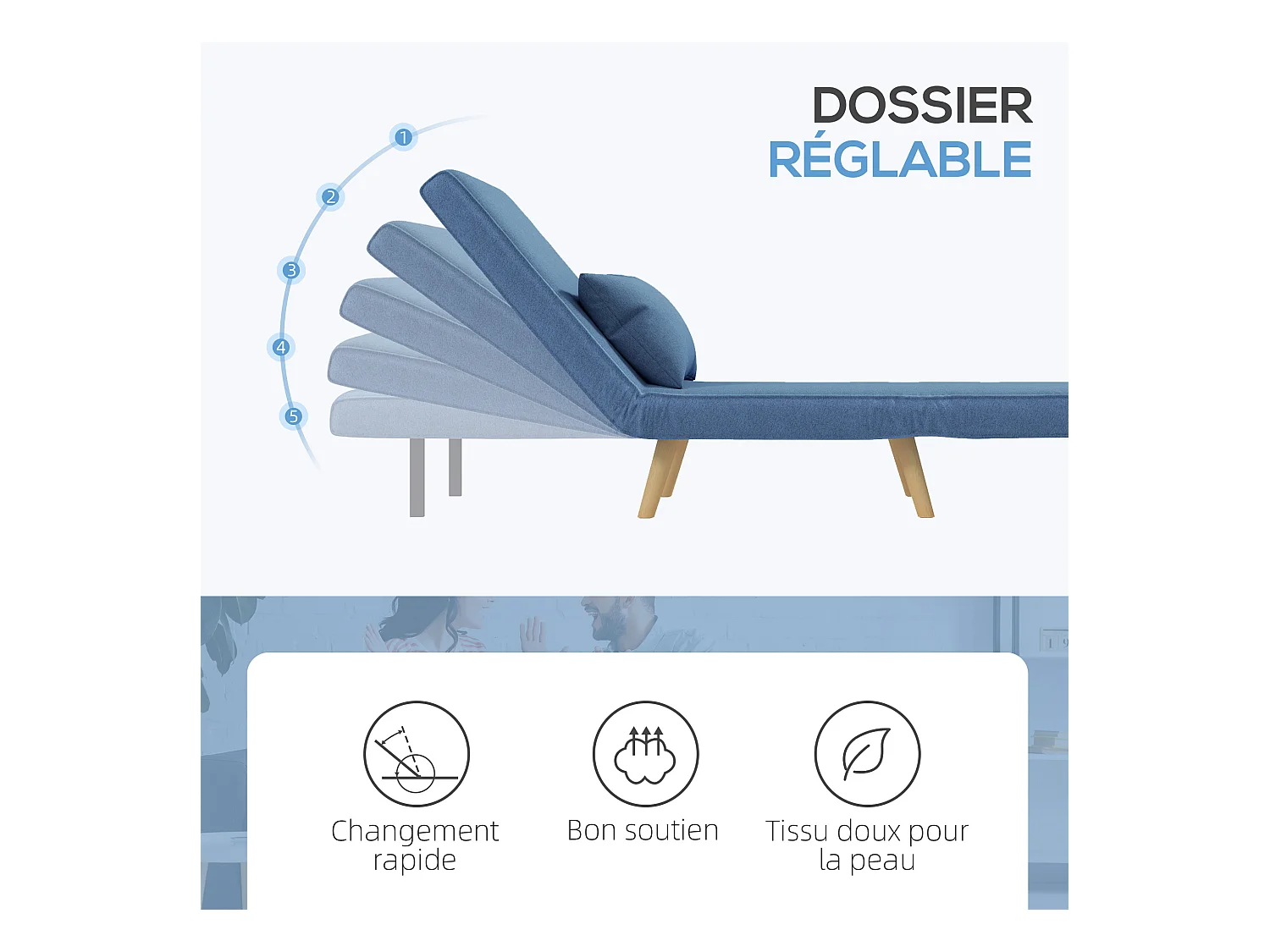Fauteuil convertible design scandinave - fauteuil relax chauffeuse - dossier inclinable réglable, coussin - bois tissu bleu