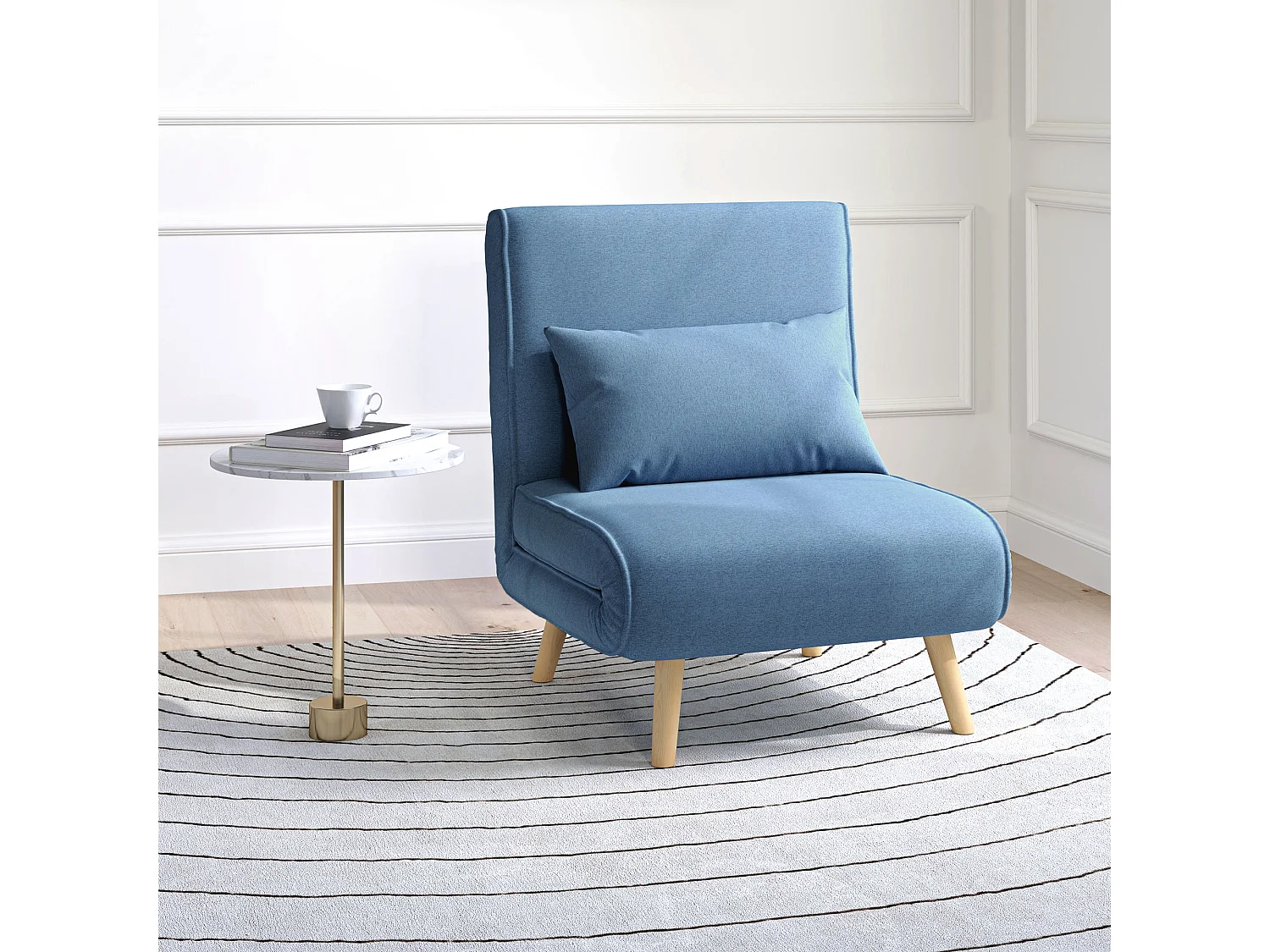 Fauteuil convertible design scandinave - fauteuil relax chauffeuse - dossier inclinable réglable, coussin - bois tissu bleu