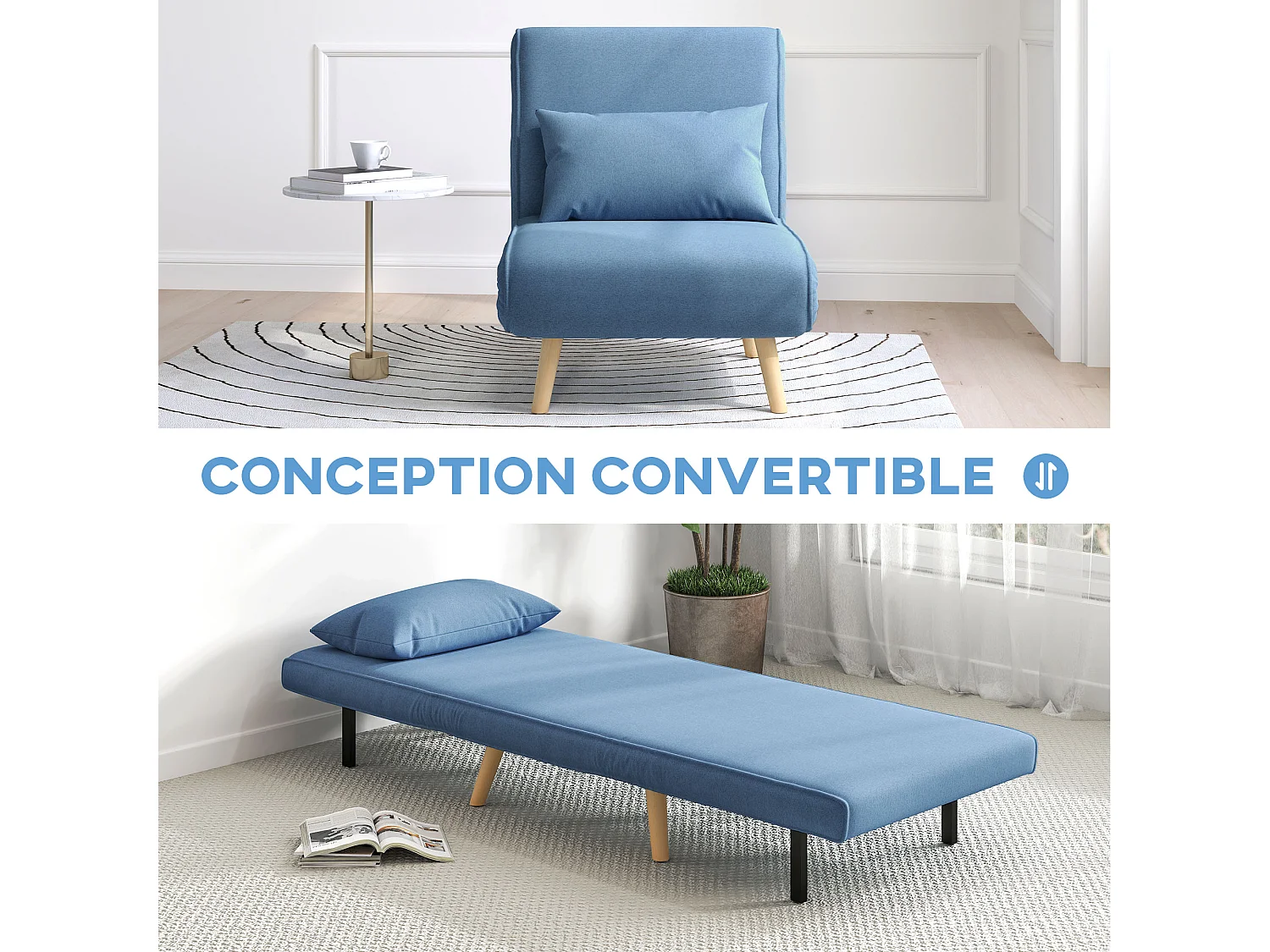 Fauteuil convertible design scandinave - fauteuil relax chauffeuse - dossier inclinable réglable, coussin - bois tissu bleu