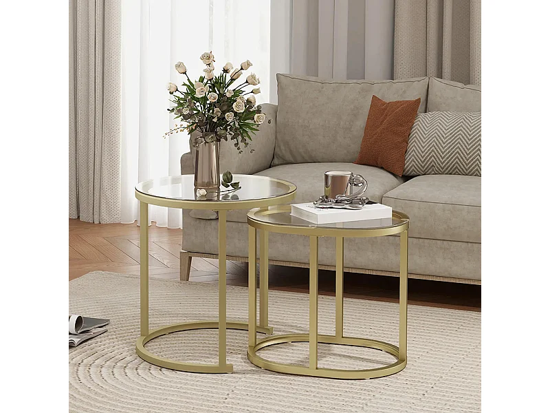 Lot de 2 tables basses tables d'appoint gigognes encastrables structure en acier et plateau verre trempé transparent or