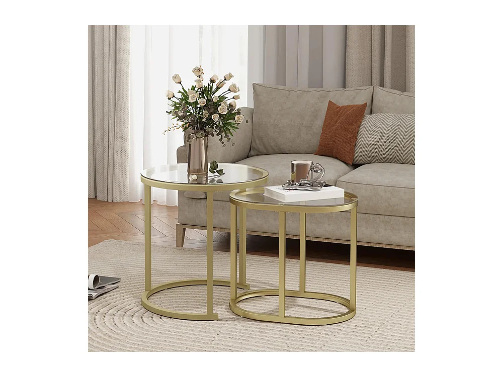 Lot de 2 tables basses tables d'appoint gigognes encastrables structure en acier et plateau verre trempé transparent or