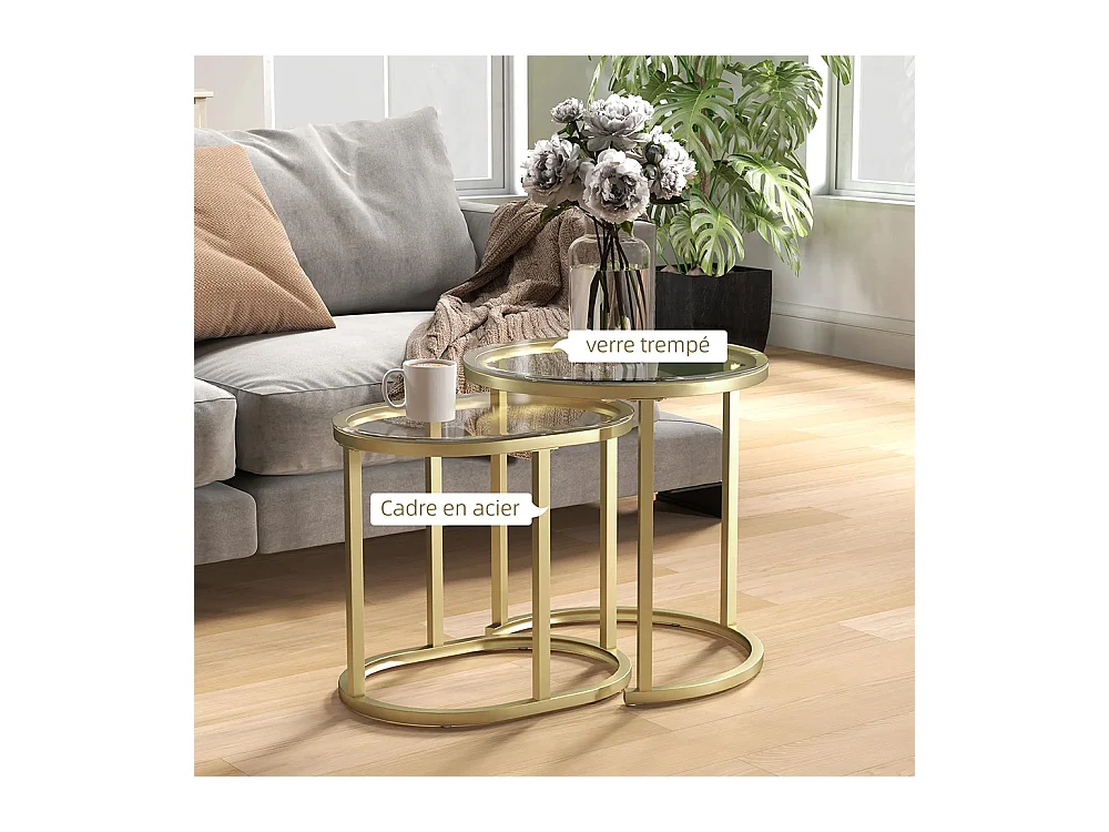 Lot de 2 tables basses tables d'appoint gigognes encastrables structure en acier et plateau verre trempé transparent or