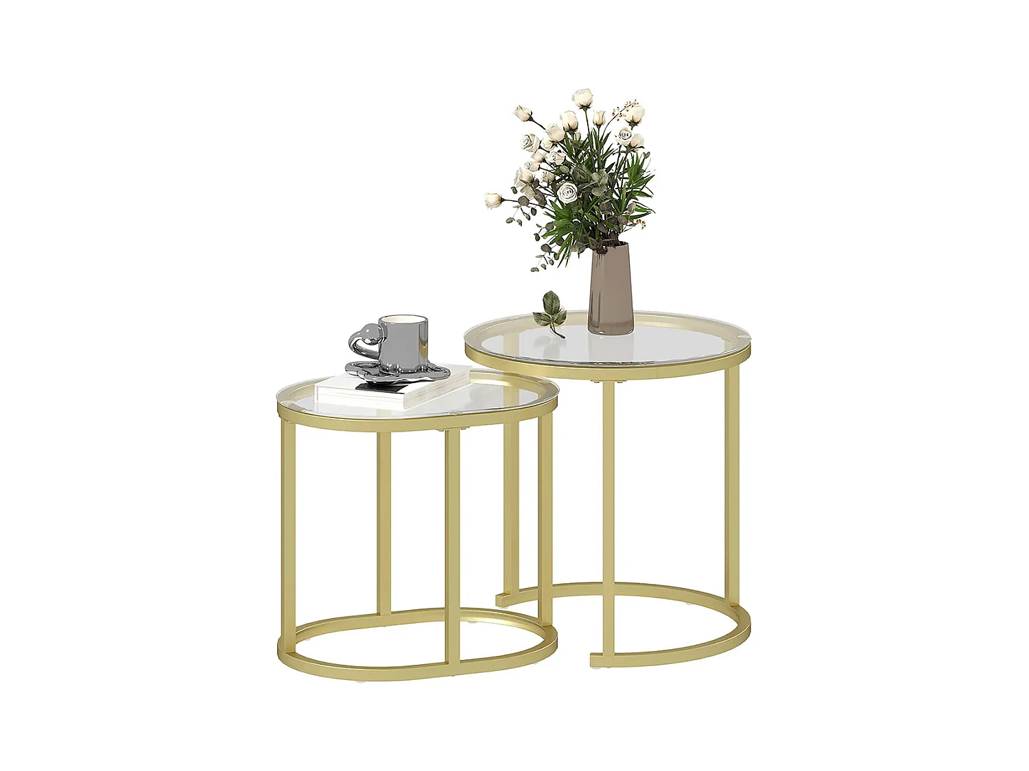 Lot de 2 tables basses tables d'appoint gigognes encastrables structure en acier et plateau verre trempé transparent or