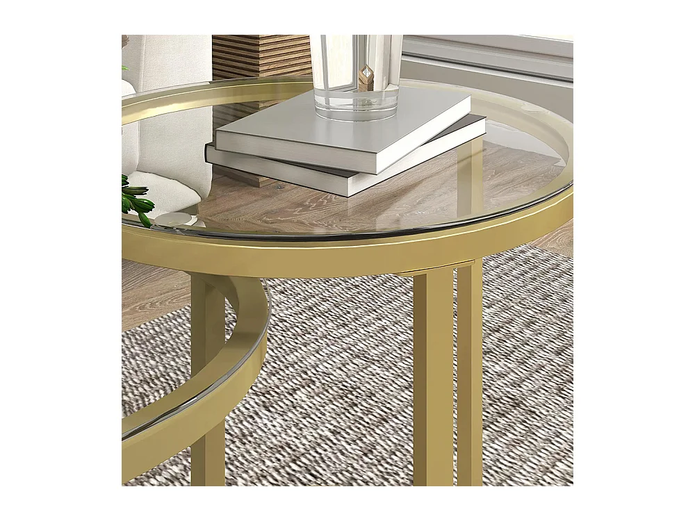 Lot de 2 tables basses tables d'appoint gigognes encastrables structure en acier et plateau verre trempé transparent or