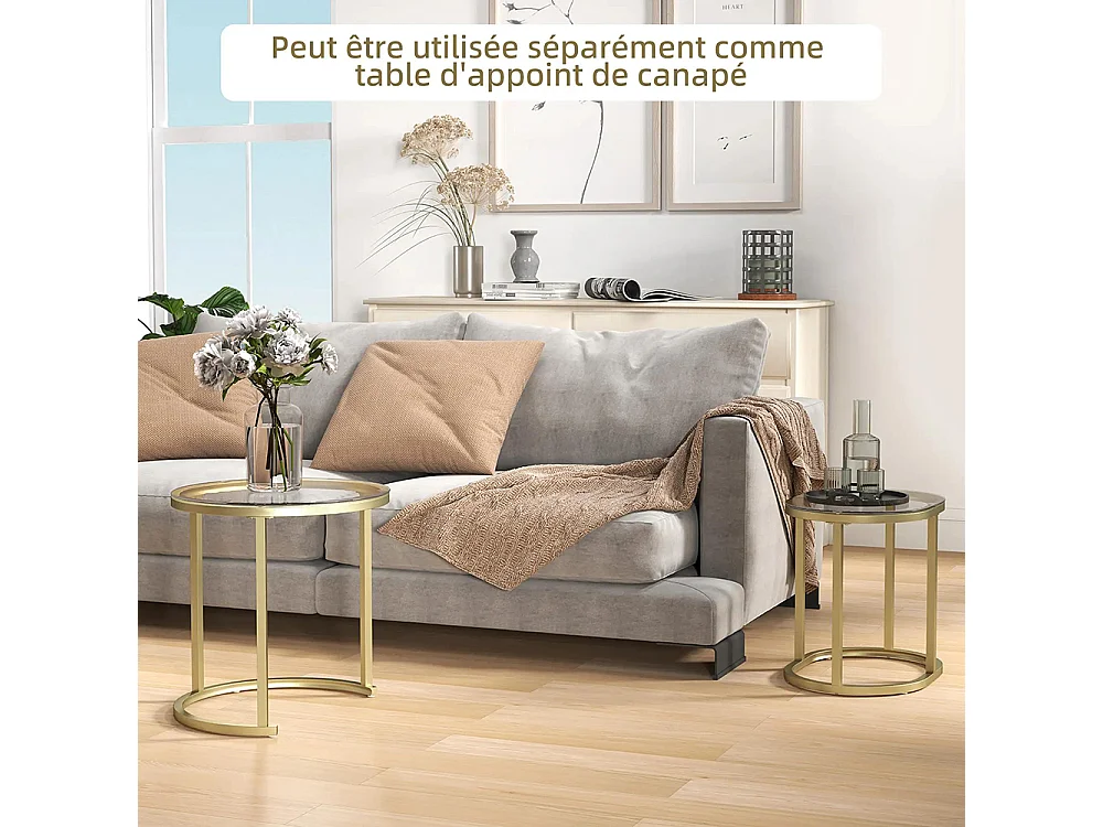 Lot de 2 tables basses tables d'appoint gigognes encastrables structure en acier et plateau verre trempé transparent or