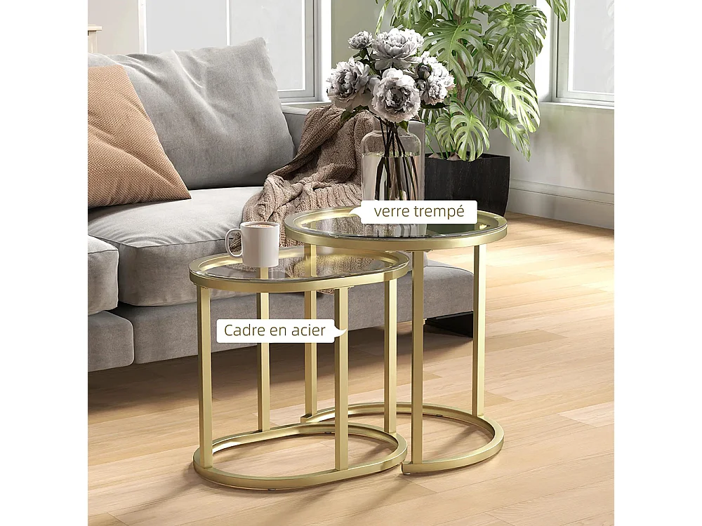 Lot de 2 tables basses tables d'appoint gigognes encastrables structure en acier et plateau verre trempé transparent or