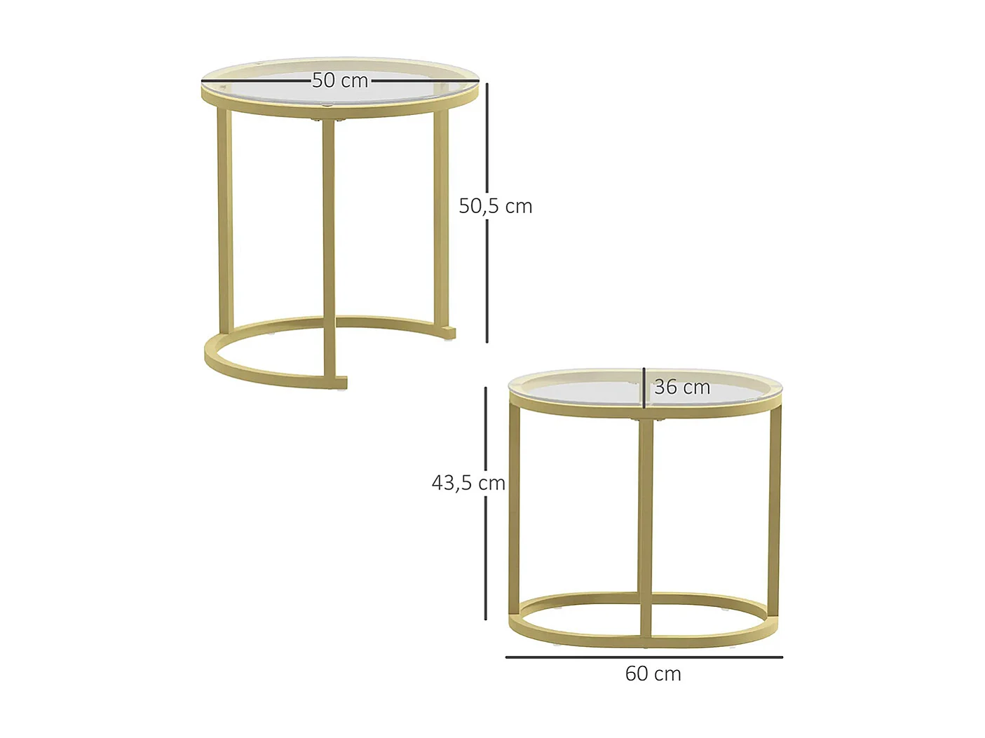 Lot de 2 tables basses tables d'appoint gigognes encastrables structure en acier et plateau verre trempé transparent or