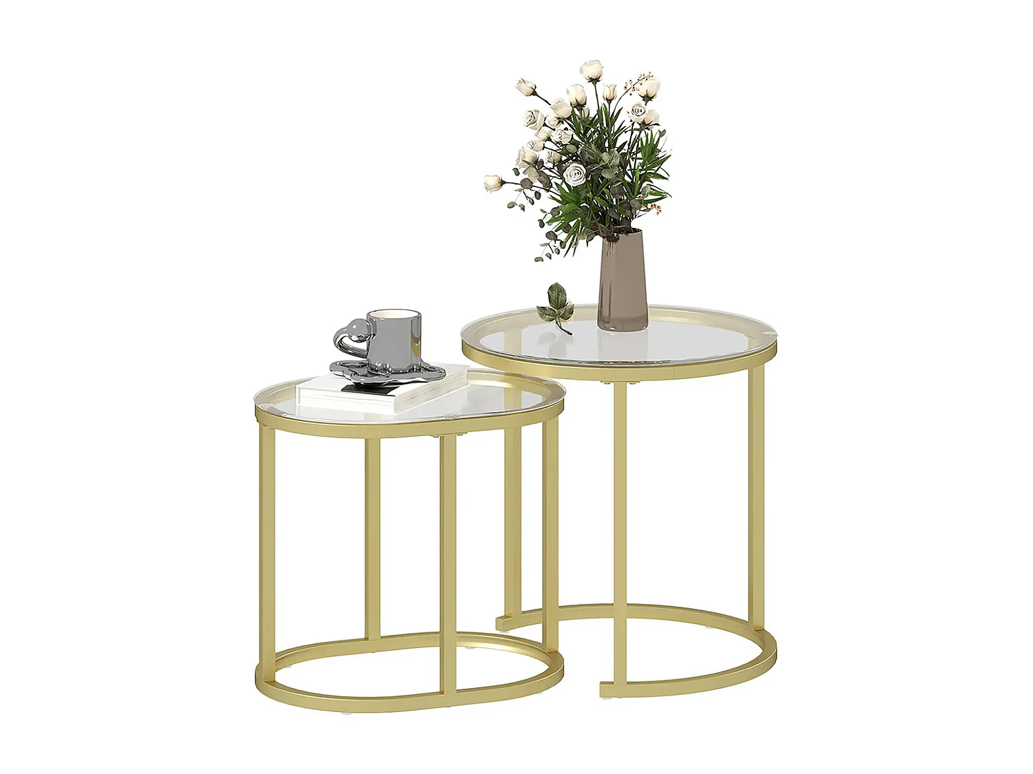 Lot de 2 tables basses tables d'appoint gigognes encastrables structure en acier et plateau verre trempé transparent or