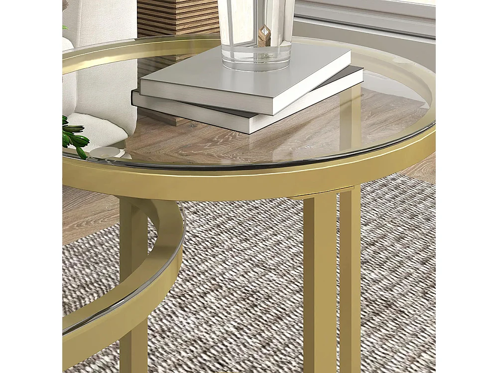 Lot de 2 tables basses tables d'appoint gigognes encastrables structure en acier et plateau verre trempé transparent or