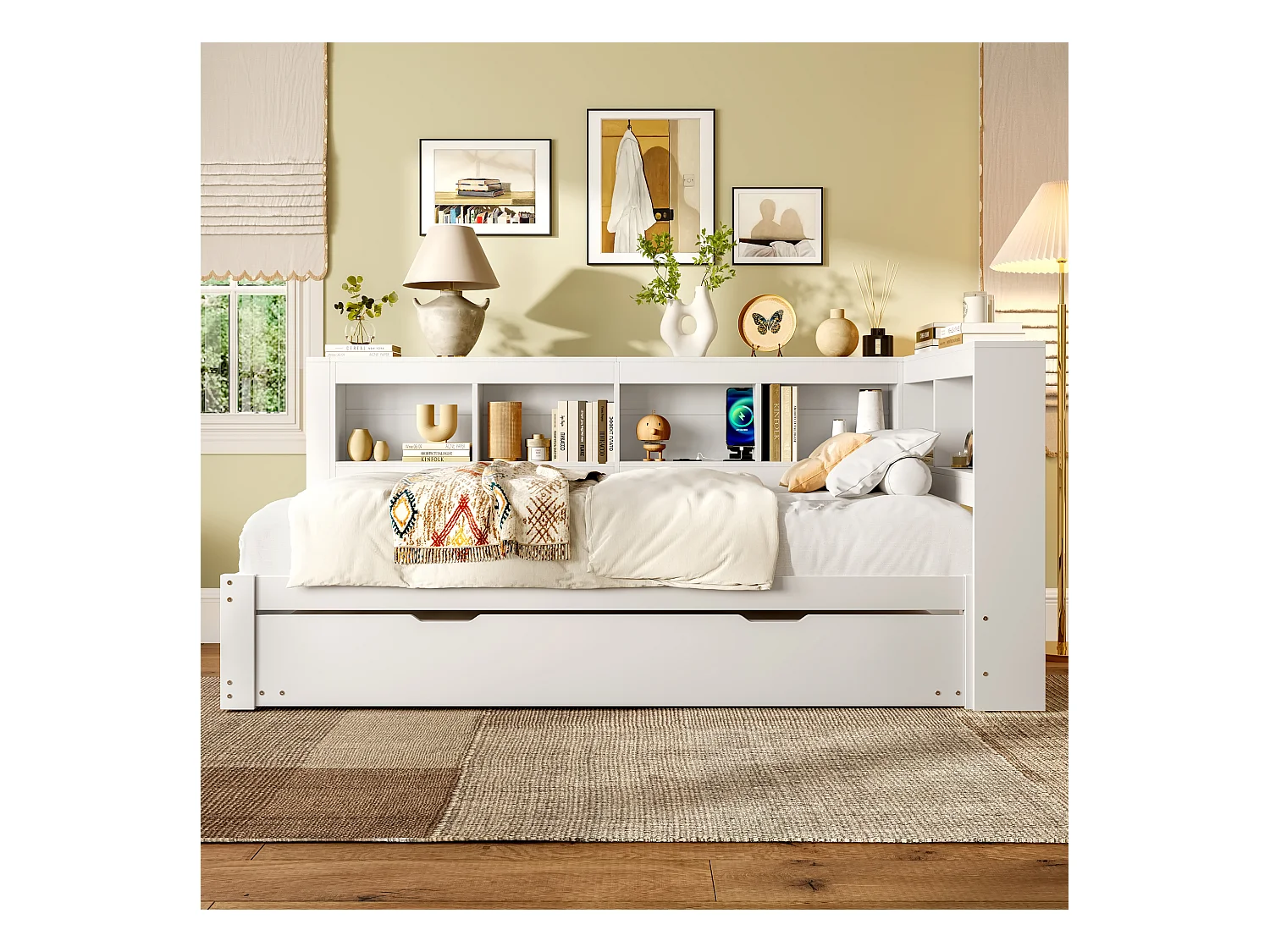 Witte slaapbank 90x200cm met uitschuifbed 90x190cm, stopcontact en 2 USB-poorten, opbergruimte (zonder matras)