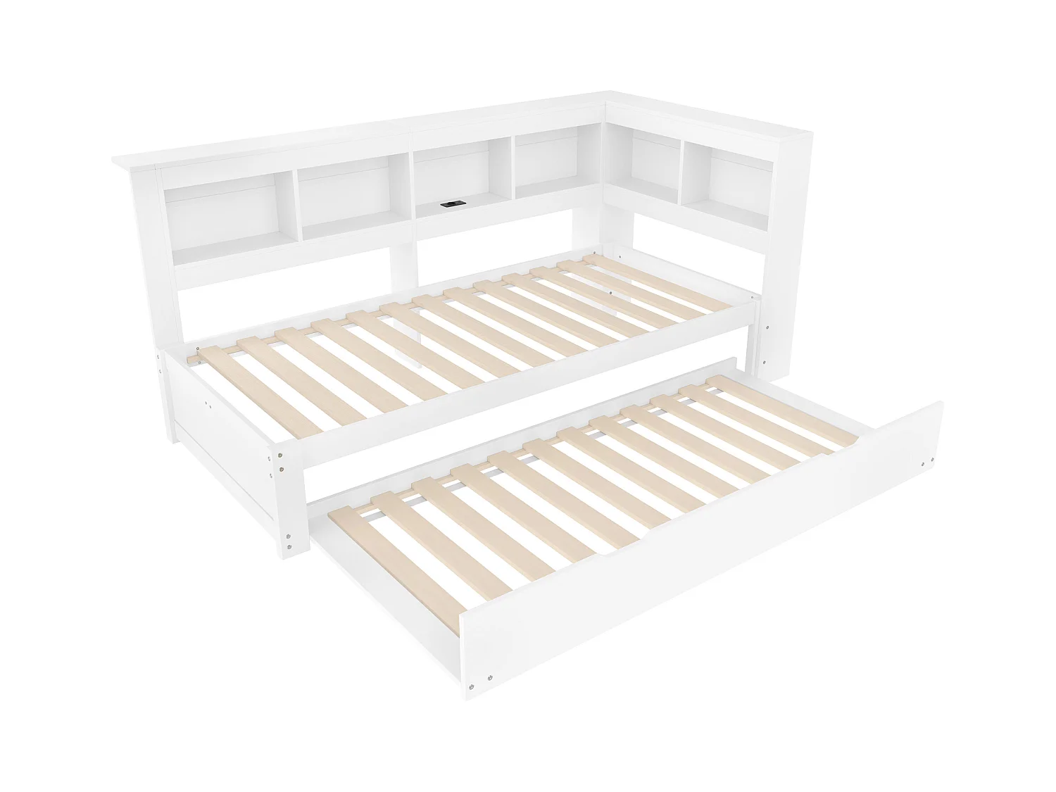 Witte slaapbank 90x200cm met uitschuifbed 90x190cm, stopcontact en 2 USB-poorten, opbergruimte (zonder matras)