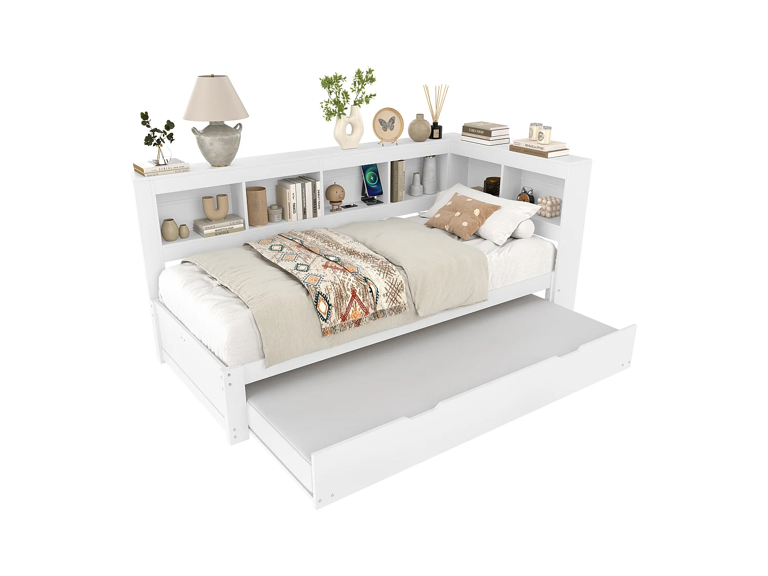 Witte slaapbank 90x200cm met uitschuifbed 90x190cm, stopcontact en 2 USB-poorten, opbergruimte (zonder matras)