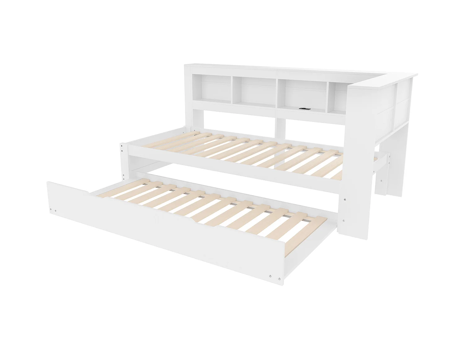 Witte slaapbank 90x200cm met uitschuifbed 90x190cm, stopcontact en 2 USB-poorten, opbergruimte (zonder matras)