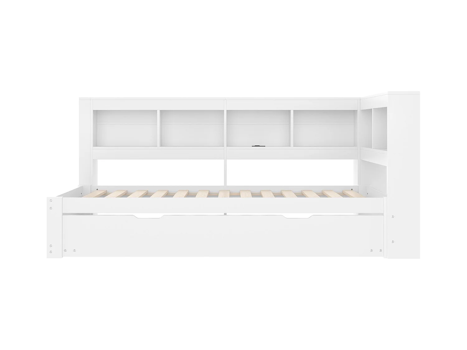 Witte slaapbank 90x200cm met uitschuifbed 90x190cm, stopcontact en 2 USB-poorten, opbergruimte (zonder matras)