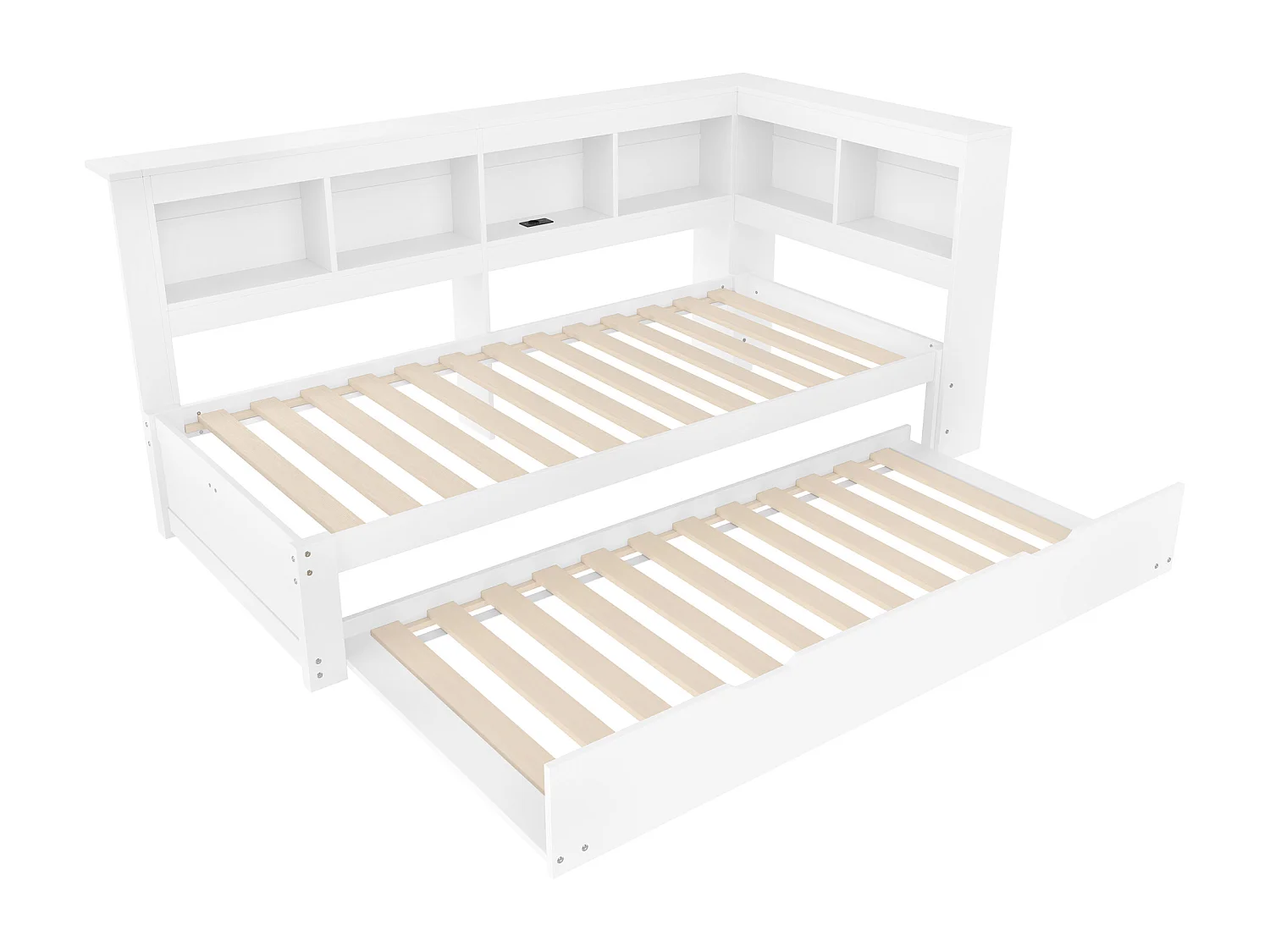 Lit banquette blanc 90x200cm avec lit gigogne 90x190cm, prise de courant et 2 ports USB, rangement (sans matelas)