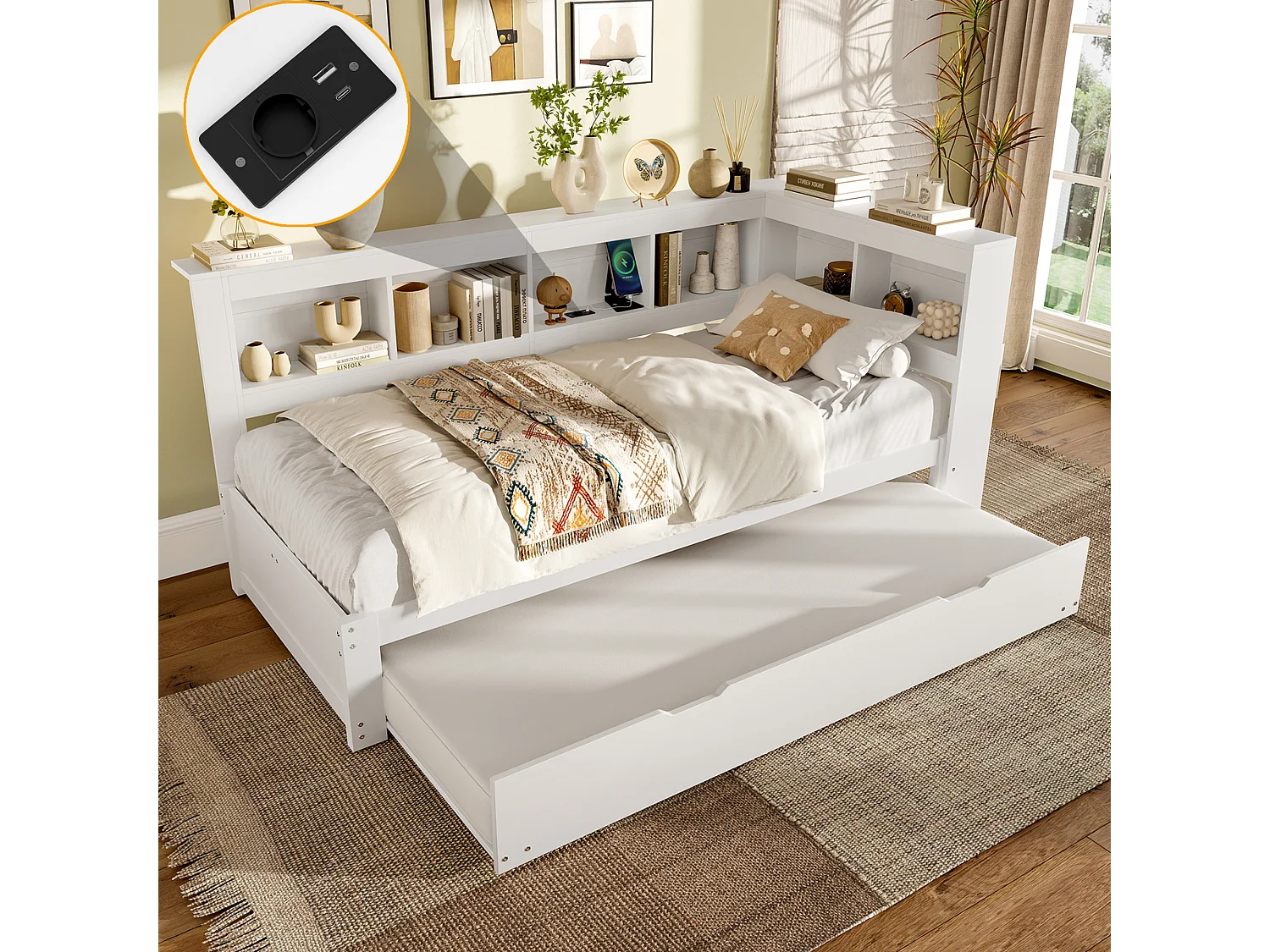 Lit banquette blanc 90x200cm avec lit gigogne 90x190cm, prise de courant et 2 ports USB, rangement (sans matelas)