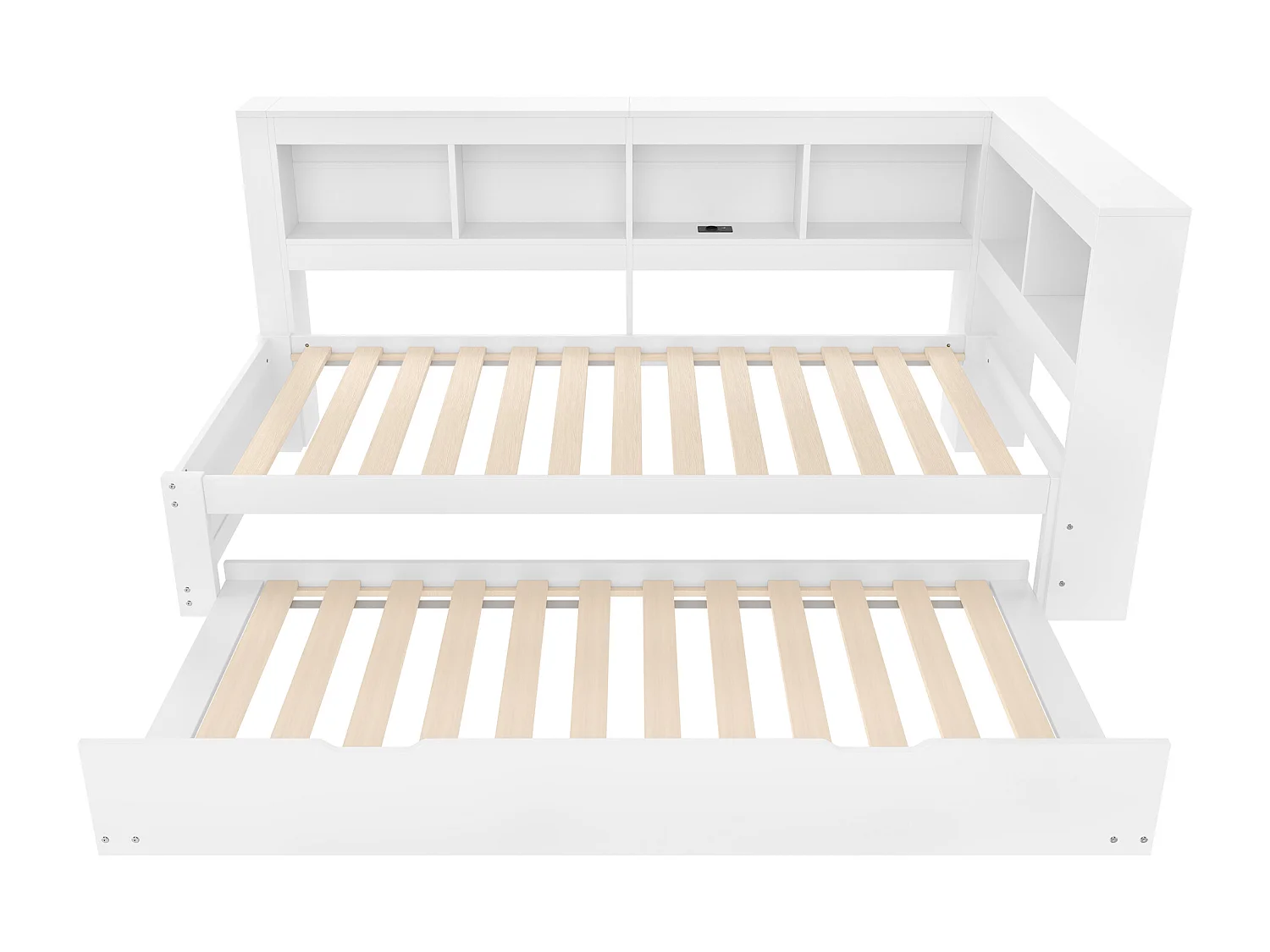 Lit banquette blanc 90x200cm avec lit gigogne 90x190cm, prise de courant et 2 ports USB, rangement (sans matelas)