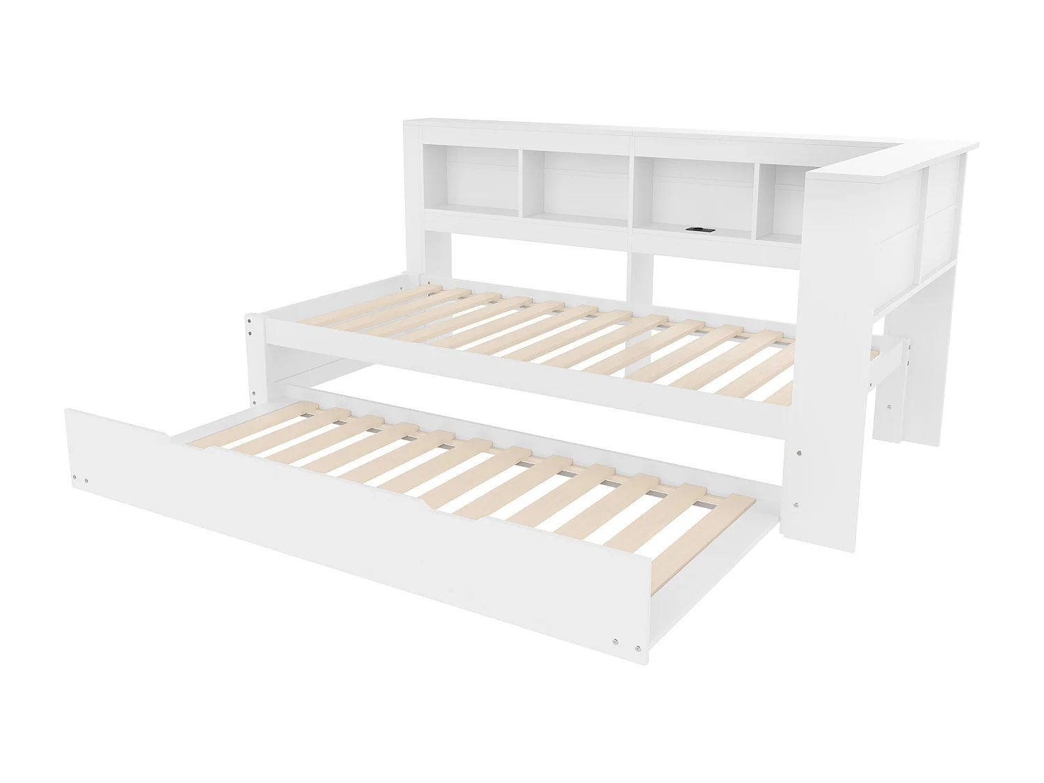 Lit banquette blanc 90x200cm avec lit gigogne 90x190cm, prise de courant et 2 ports USB, rangement (sans matelas)