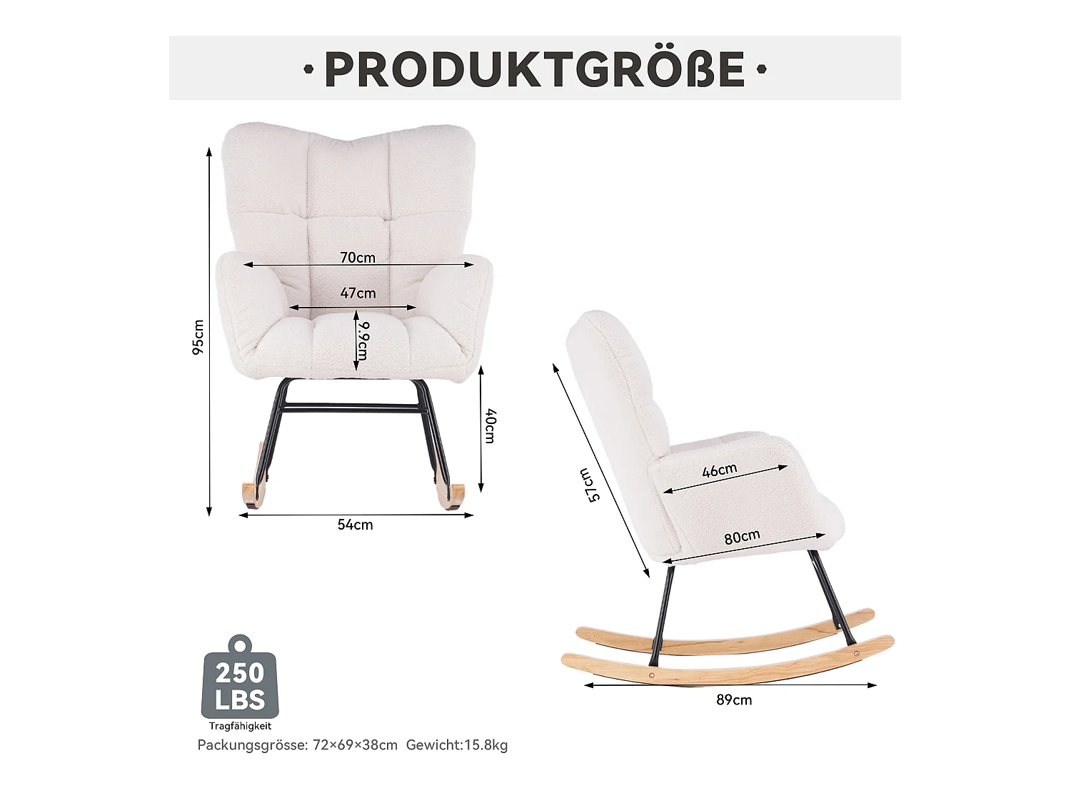 Schommelstoel in witte Teddy stof, zwart metalen frame, houten voet 89x70x95cm