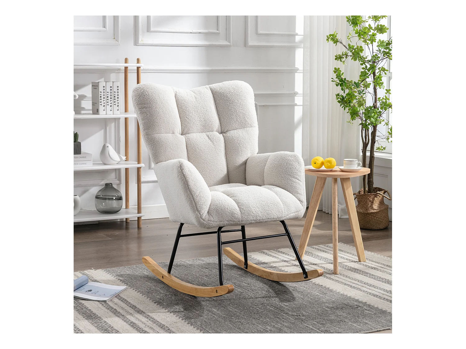 Rocking chair en tissu Teddy blanc, structure en métal noir, base en bois 89x70x95cm