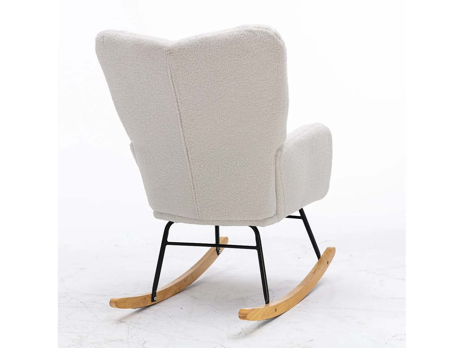 Rocking chair en tissu Teddy blanc, structure en métal noir, base en bois 89x70x95cm