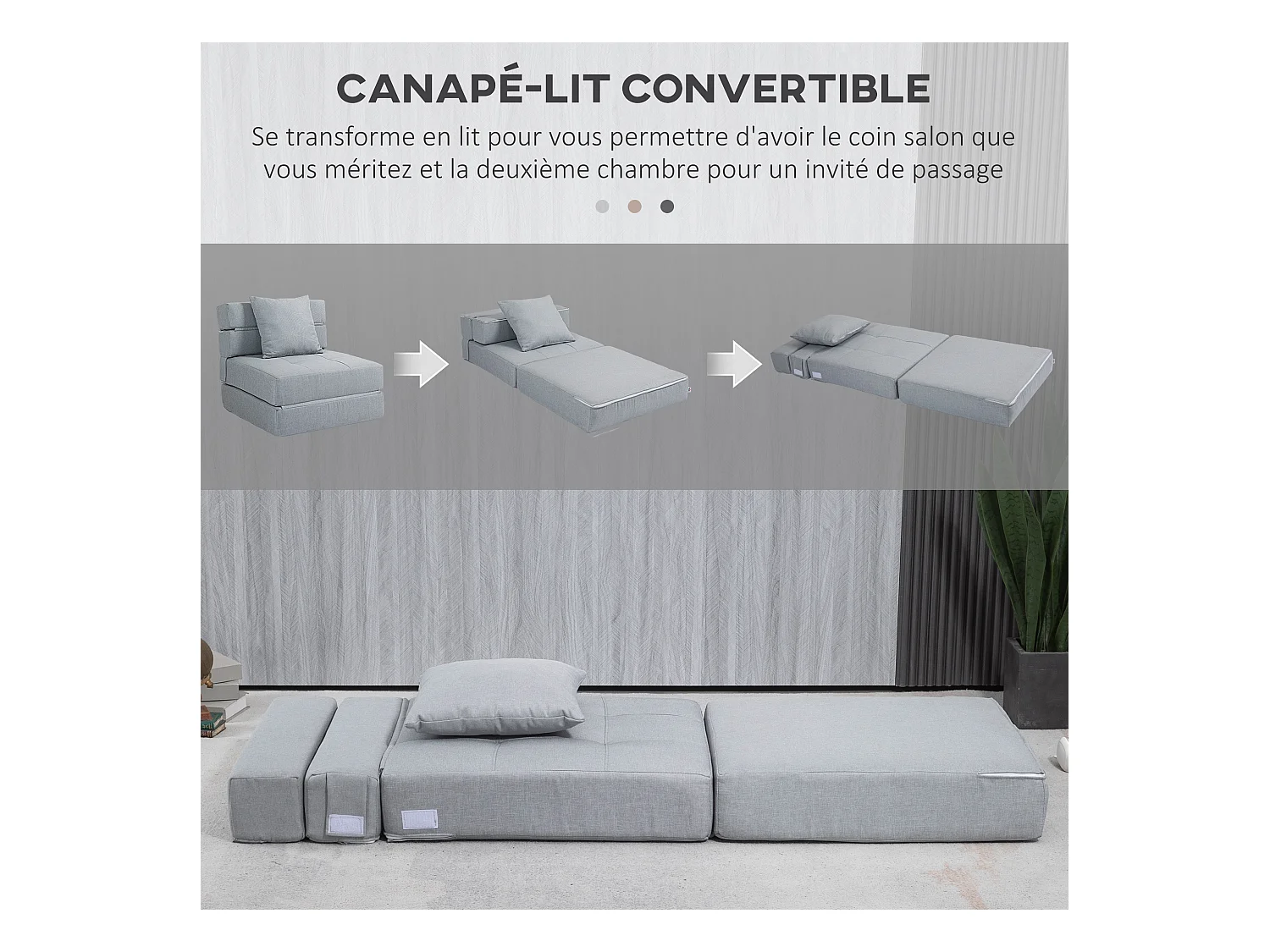 Chauffeuse canapé-lit convertible 1 place - coussin déhoussable inclus - tissu gris clair