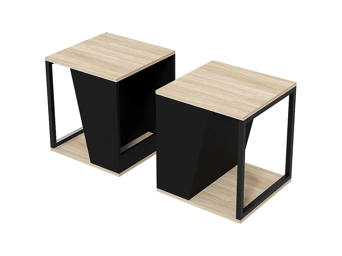 Lot de 2 tables d'appoint bout de canapé avec rangement structure en acier 40 x 40 x 45 cm noir et naturel