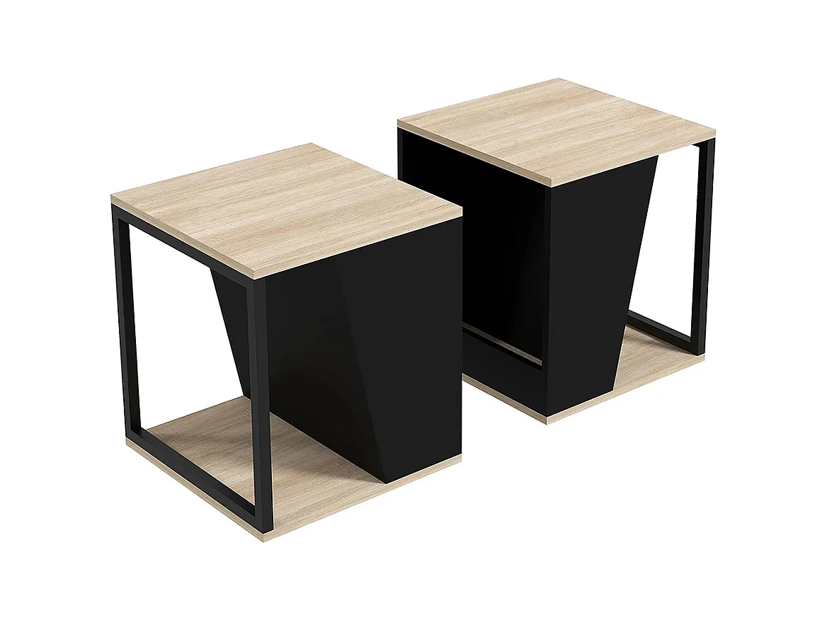 Lot de 2 tables d'appoint bout de canapé avec rangement structure en acier 40 x 40 x 45 cm noir et naturel
