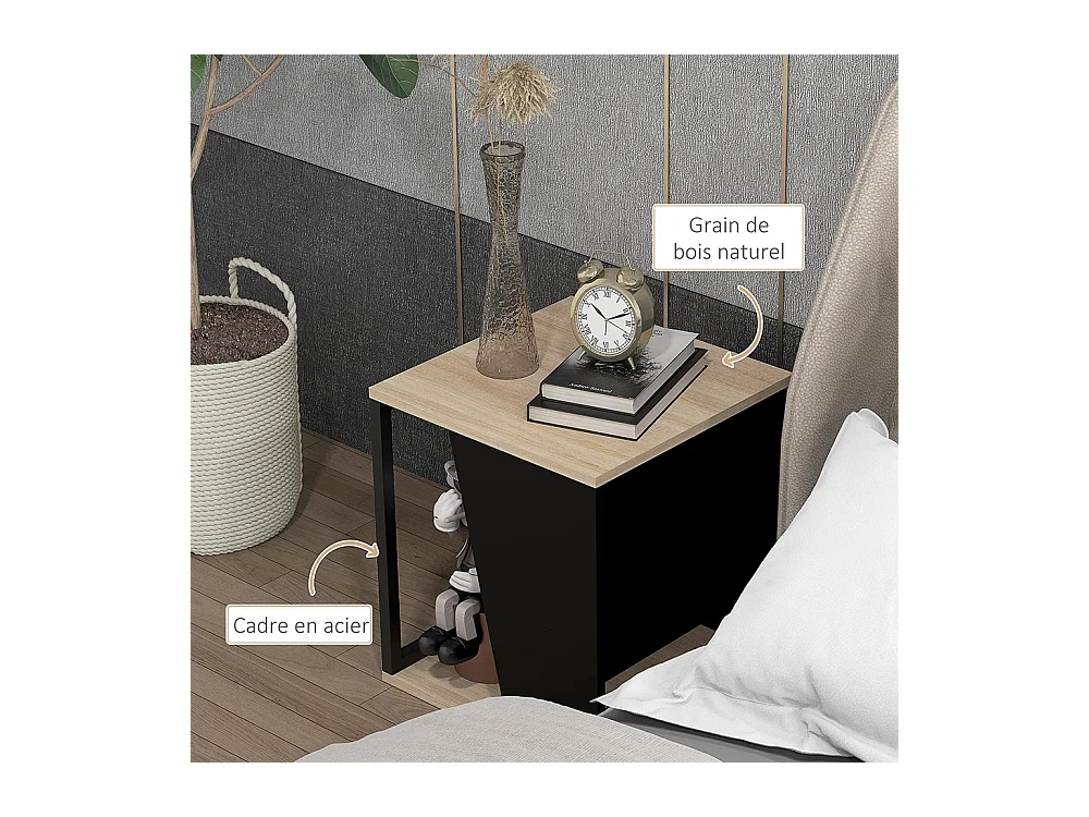 Lot de 2 tables d'appoint bout de canapé avec rangement structure en acier 40 x 40 x 45 cm noir et naturel