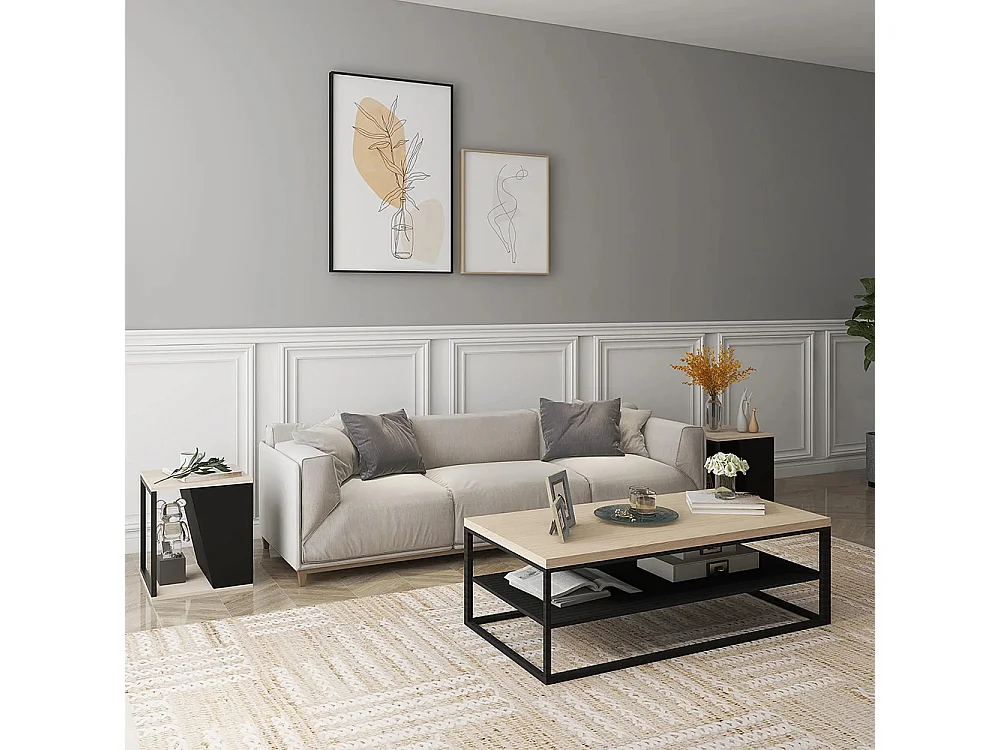 Lot de 2 tables d'appoint bout de canapé avec rangement structure en acier 40 x 40 x 45 cm noir et naturel