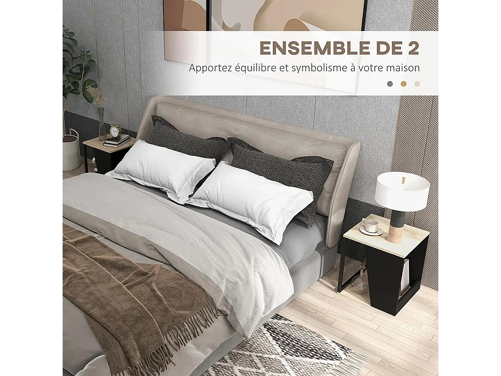 Lot de 2 tables d'appoint bout de canapé avec rangement structure en acier 40 x 40 x 45 cm noir et naturel