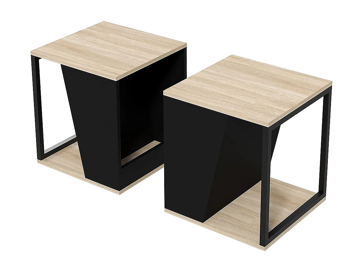 Lot de 2 tables d'appoint bout de canapé avec rangement structure en acier 40 x 40 x 45 cm noir et naturel