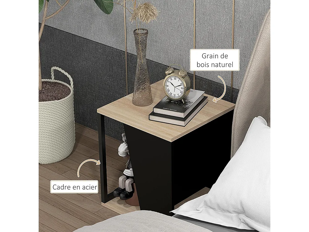 Lot de 2 tables d'appoint bout de canapé avec rangement structure en acier 40 x 40 x 45 cm noir et naturel