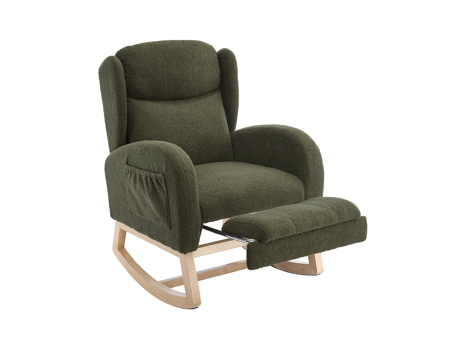 Groene schommelstoel met zijvakken, verstelbare voetensteun, houten frame 122,5x70x104cm