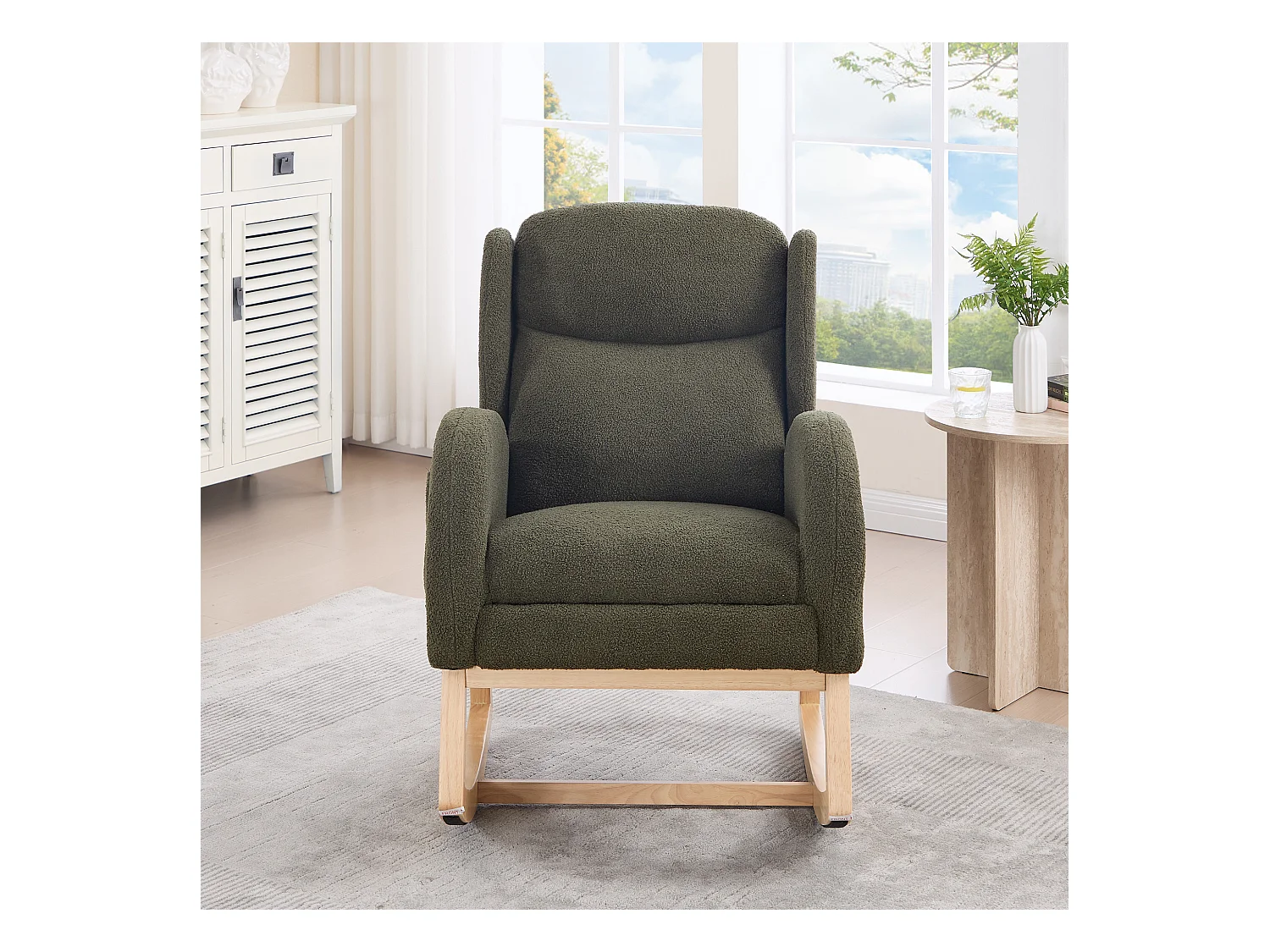 Groene schommelstoel met zijvakken, verstelbare voetensteun, houten frame 122,5x70x104cm