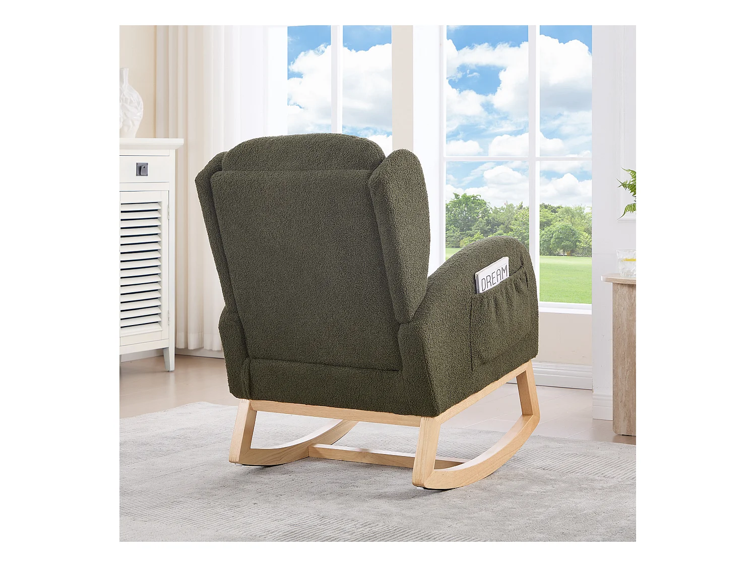 Groene schommelstoel met zijvakken, verstelbare voetensteun, houten frame 122,5x70x104cm