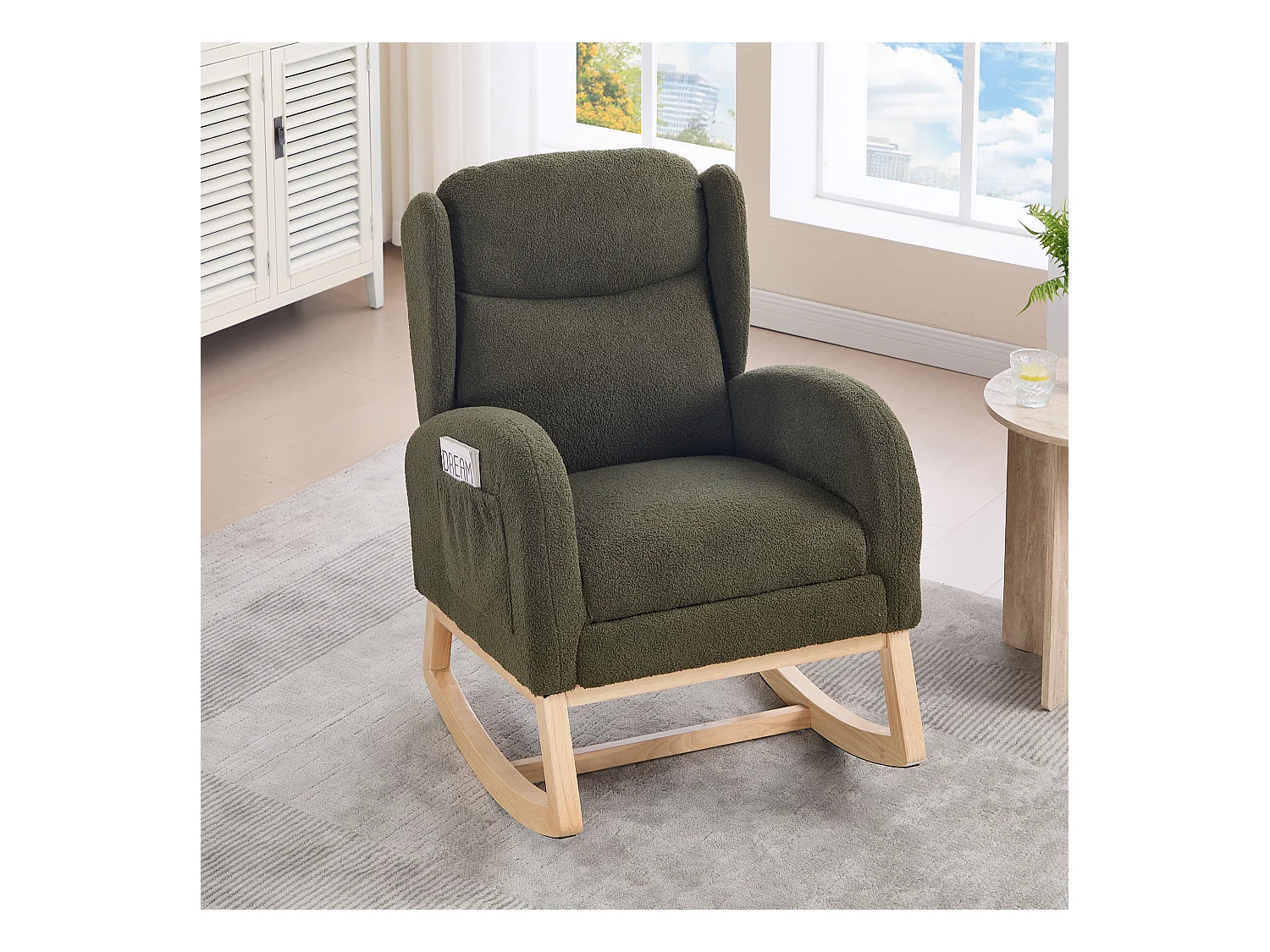 Groene schommelstoel met zijvakken, verstelbare voetensteun, houten frame 122,5x70x104cm