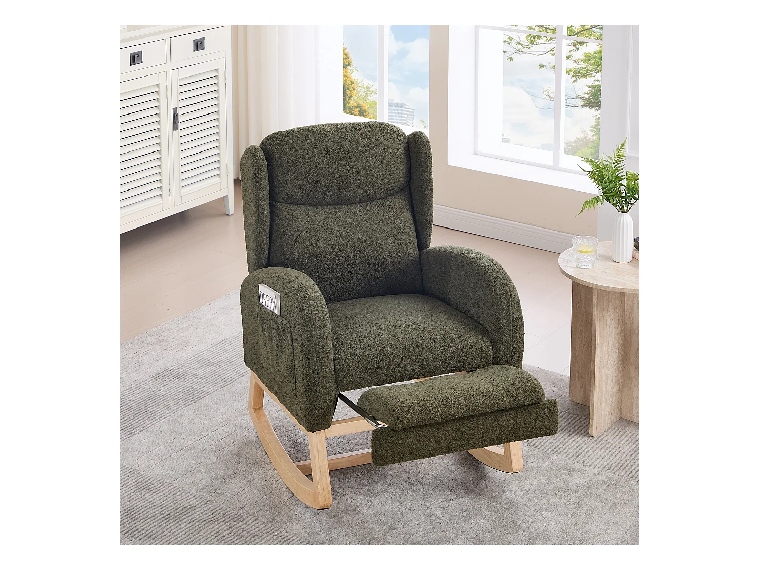 Rocking chair vert avec poches latérales, repose-pieds réglable, structure en bois 122,5x70x104cm